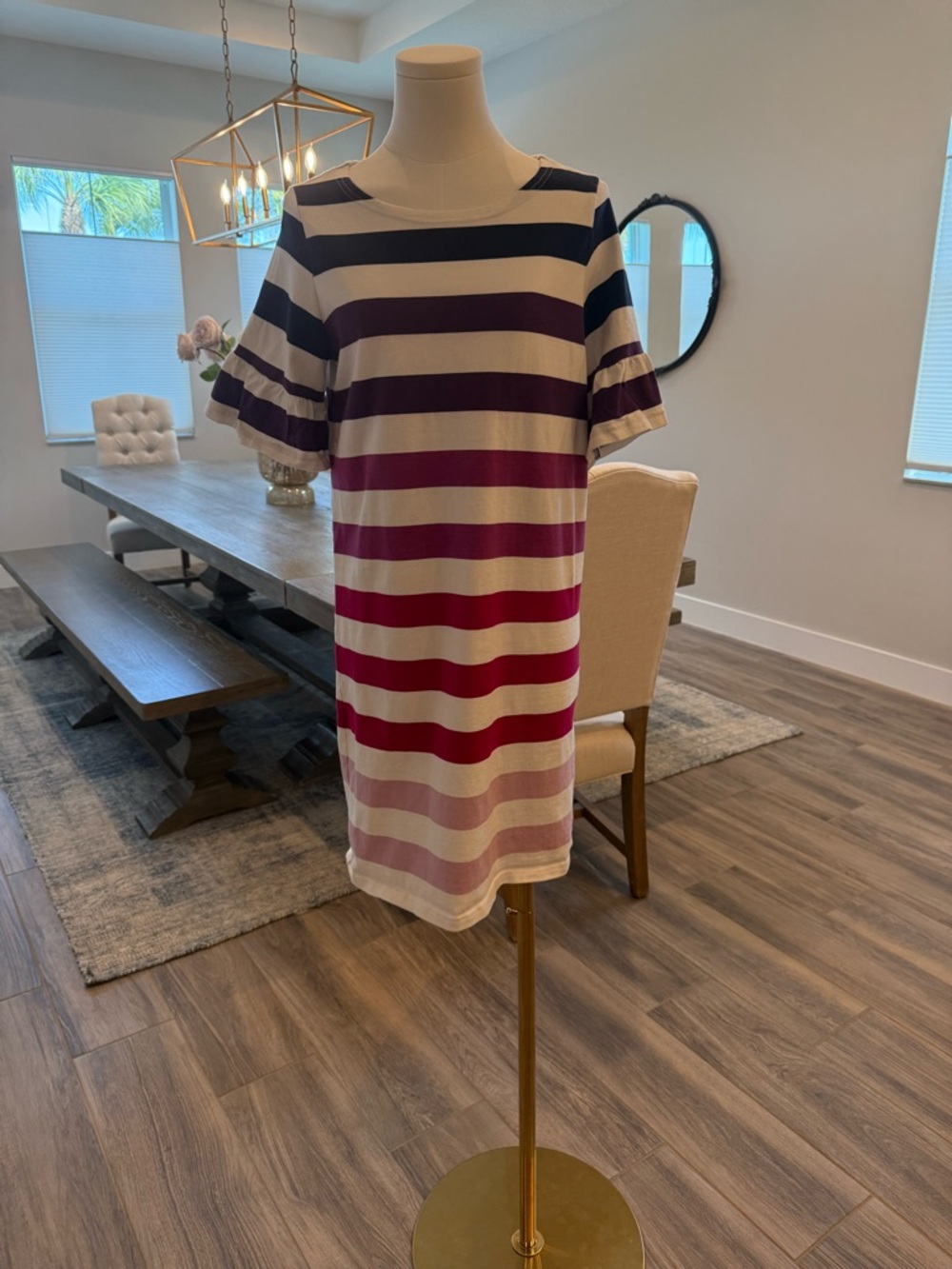Joules Cream, Navy & Berry Striped Ruffle-Sleeve Mini Dress
